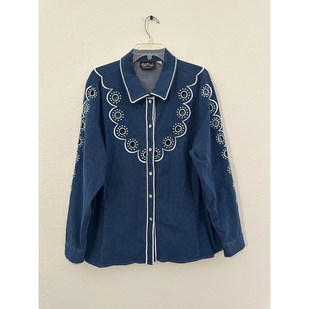 Bob Mackie Wearable Art Cottagecore Western Denim Shirt Jacket Blue Women's XL